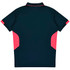 A navy polo shirt featuring bright pink accents on the sides, with a collar and a logo on the front.