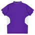 A purple polo shirt featuring white accents, designed for kids, with a branding logo on the garment.