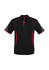 A black polo shirt with red accents and short sleeves, featuring a logo on one side.