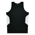A black singlet with white side panels and a logo at the back.