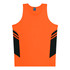 An orange singlet featuring black side panels and a logo on the front. Ideal for kids' casual wear.