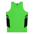 A bright green men's singlet featuring black side panels and a logo on the neckline.
