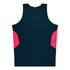 A black singlet with pink side panels, featuring a logo on the back. Suitable for kids.