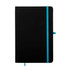 A black A5 notebook with a turquoise elastic band and two bookmarks, featuring a smooth cover and a branded logo.