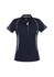 A women's short sleeve polo shirt in navy with white accents and a logo. Features a collar and sporty design.
