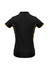 A black women's short sleeve polo shirt with yellow detailing and a logo on the sleeve.