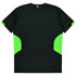 A black T-shirt with vibrant green side panels and a logo. The back is plain and features a round neckline.