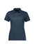 A women's short sleeve polo shirt in a navy blue colour with a collar and three-button placket. It features a logo.