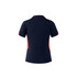 A navy blue polo shirt with red accents and a logo on the back.
