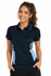 A navy blue women's polo shirt with light blue accents and stripes, featuring a logo on the chest.