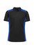 A unisex short sleeve polo shirt in black with blue side panels and a logo. Suitable for casual wear.