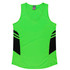 A bright green singlet with black side panels and a V-neck design, featuring a logo on the label.