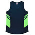 A navy singlet with bright green side panels and a branding logo on the neckline.