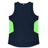 A navy singlet with bright green side panels and a logo on the back. Suitable for active wear.