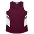 A maroon singlet featuring white side panels and a logo. Ideal for warm-weather wear.