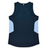 A navy singlet with light blue side panels and a logo on the back.