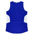 A blue singlet with white side panels and a branding logo, designed for women's wear.