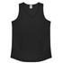 A black women's singlet featuring a V-neck design and side panels, along with a logo.