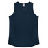 A navy singlet with a V-neck design, featuring styling details on the sides and a logo.
