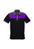 A black polo shirt with purple and grey colour blocks, featuring a collar and a logo. Short sleeves included.