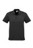 A black short sleeve polo shirt featuring a collar and a logo on the chest.