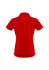 A women's short sleeve polo in vibrant red with a unique design at the back and a branding logo.