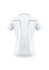 A short-sleeve women's polo shirt in white, featuring a logo and design details on the back.