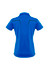 A blue women's short sleeve polo shirt featuring a back design with black detailing and a logo.