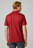 A red short sleeve polo shirt with contrasting piping and a logo, viewed from the back.