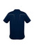 A navy blue men's polo shirt with short sleeves and a design featuring stitching details on the back.