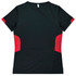 A black and red women's T-shirt featuring a simple design and a logo on the back.