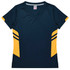 A navy blue and yellow women's t-shirt with a V-neck and striped design on the sides. It features a logo.