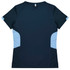 A dark navy blue women's t-shirt with light blue side panels and a logo at the back.