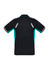 A black and teal short sleeve polo shirt featuring reflective detailing and a logo on the back.
