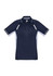 A men's short sleeve polo in navy blue with light grey side panels and a logo.