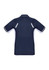 A navy blue short sleeve polo shirt with white accents and reflective details on the back. It features a logo.