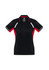 A black and red women's polo shirt featuring short sleeves and a logo.