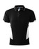 A black and white polo shirt featuring a logo, with contrasting side panels and a classic collar design.