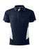 A navy blue polo shirt with white side panels and a collar, featuring a logo on the chest.