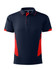A navy and red men's polo shirt with a collar and short sleeves, featuring contrasting side panels and a logo.