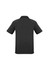 A black men's short sleeve polo shirt featuring a logo, with a textured design on the fabric.