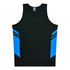 A black singlet featuring blue side panels and a logo. Suitable for kids.