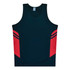A men's singlet in dark blue with red accents and a logo.