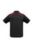 A men's short sleeve polo shirt in black with red splice detailing. Features a branding logo on the back.
