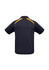 A navy blue kids' short sleeve polo shirt with yellow accents and a logo on the back.