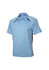 A short sleeve polo shirt in light blue with contrasting dark side panels and a collar, featuring a logo.