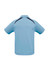 A short sleeve polo shirt in light blue with dark blue accents and a logo on the back.