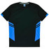 A black and blue T-shirt featuring a logo, designed for kids and promoting active wear.