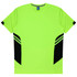 A bright neon yellow t-shirt featuring black accent stripes on the sides and a logo on the neckline.