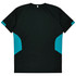 A dark green T-shirt with aqua blue side panels and a plain back, featuring a logo.